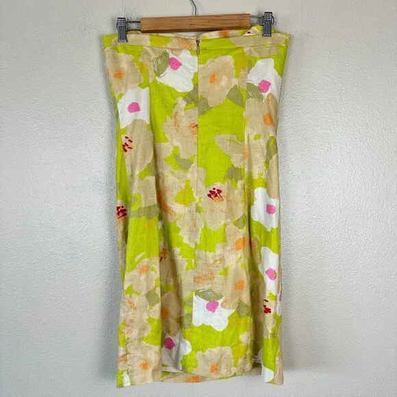 J. Crew Linen Cocktail Dress Strapless Floral Lime Green Pink White Women's 4
